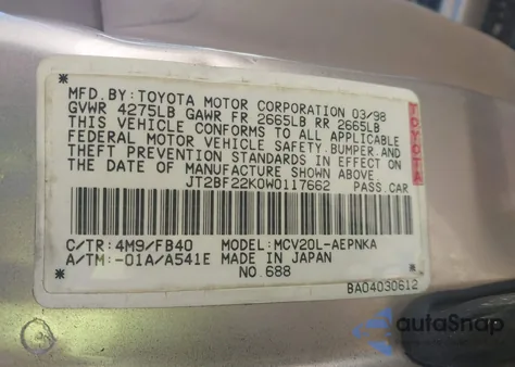 1998 Toyota Camry Le V6 z USA, uszkodzony, nr VIN JT2BF22K0W0117662